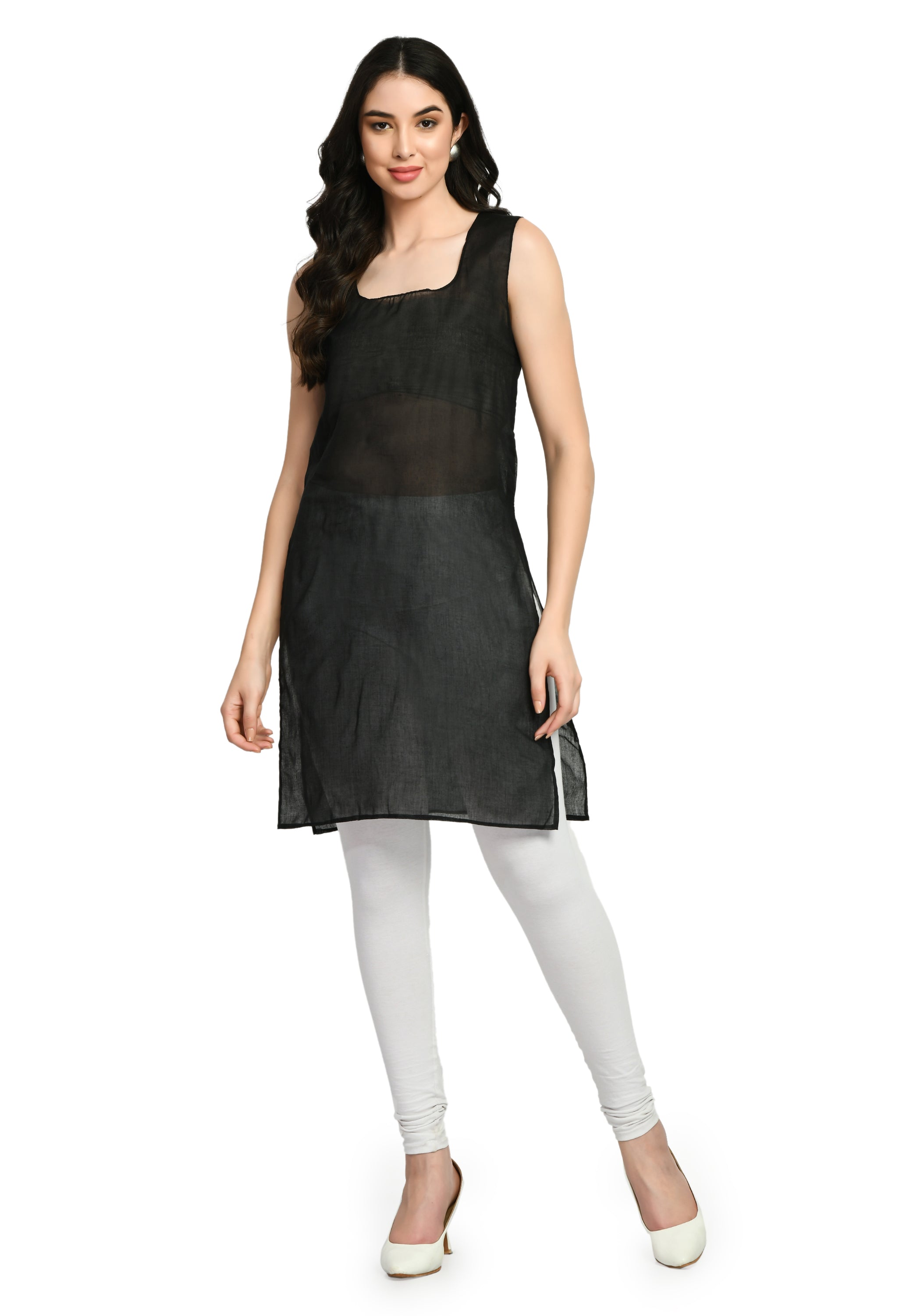 Knee Length Long Cotton Camisole For Women Which is Sleeveless, Deep Neck With Side Openings